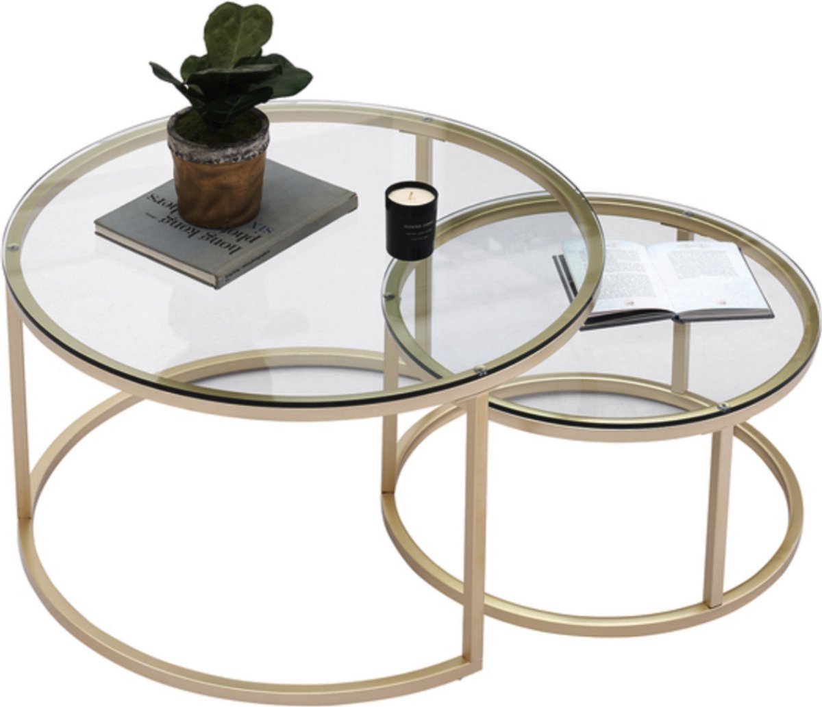 Salontafel 60cm Goud - Glas, Set van 2 en Landelijk met Rond - Voor Eetkamer, Woonkamer en Kantoor