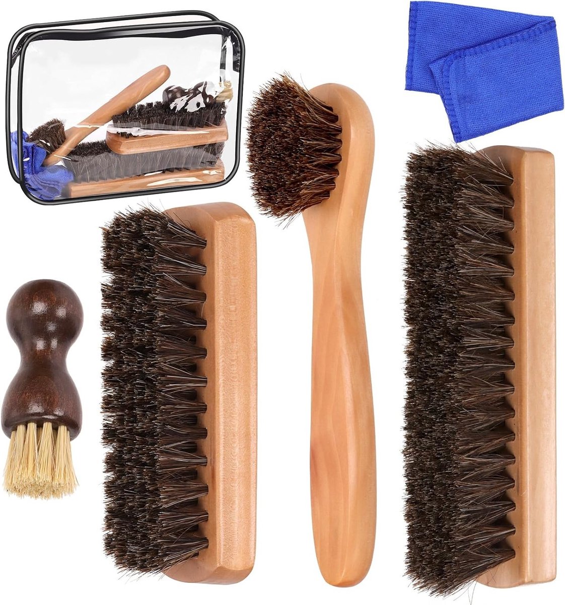 Set van 6 Paardenhaar Schoenborstels van 13.5Cm tot 18Cm voor Lederen Schoenen en Laarzen, Inclusief Microfiber Doek en Opbergtas voor Perfecte Schoenverzorging en Glans