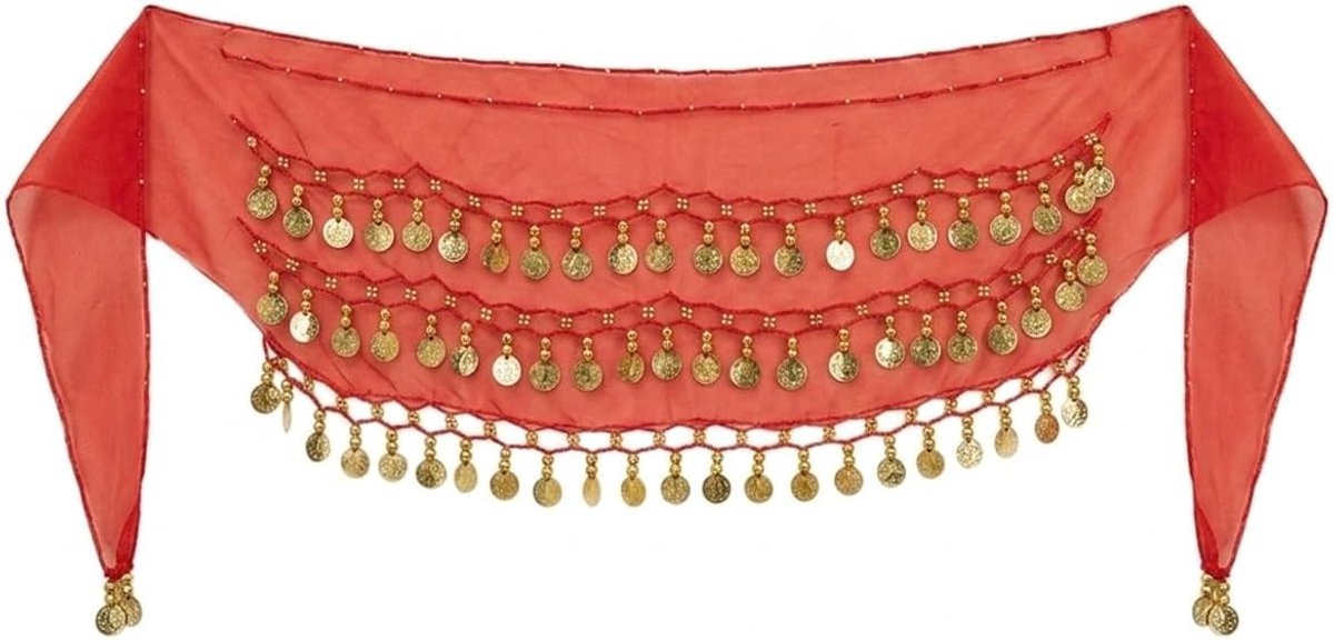 Bauchtanz Gürtel in Rood met 72 Goldmünzen - Chiffon Hüfttuch voor Dans, Kostuum en Outfit voor Dames