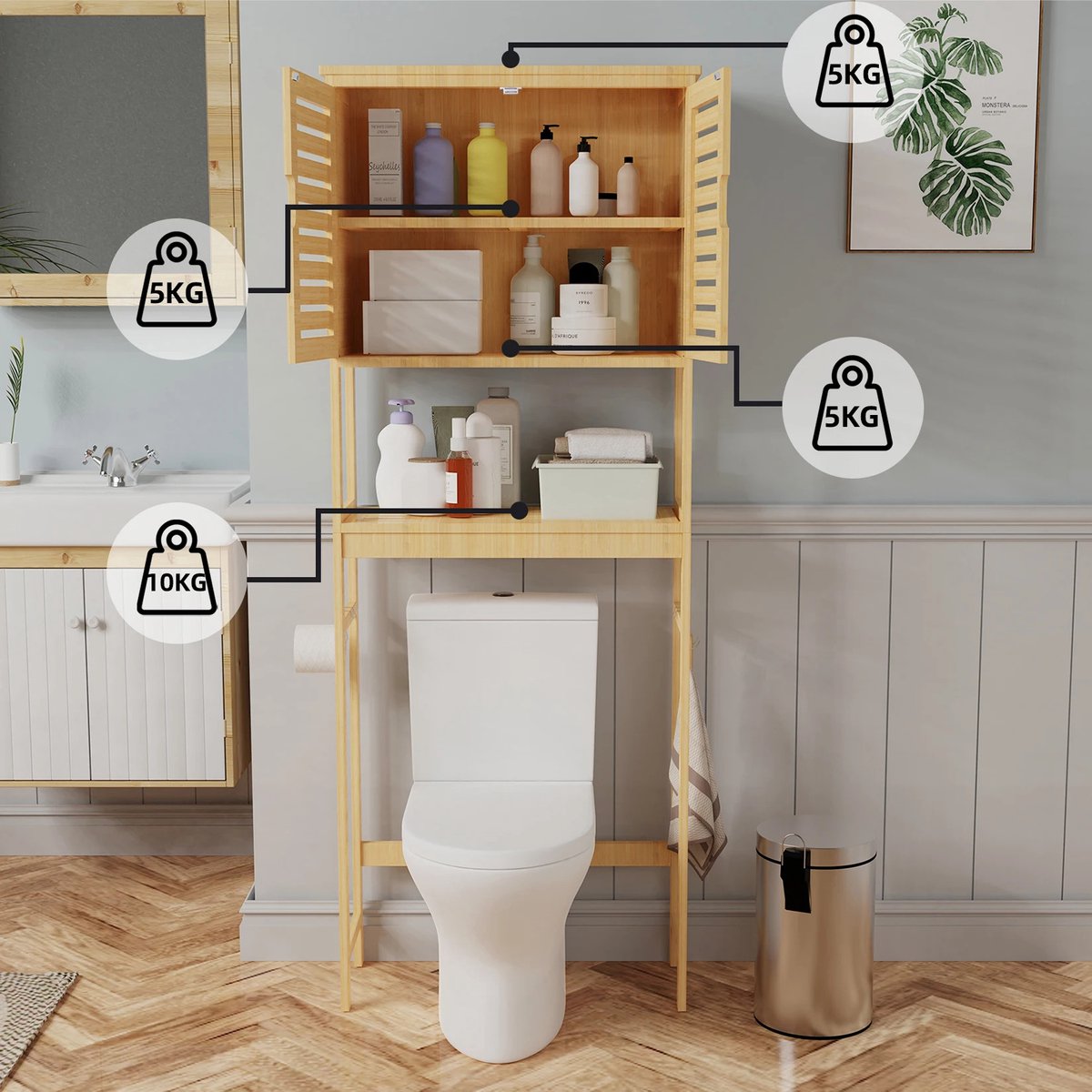 LUMÉ STORE Toiletkast - WC Kastje - Badkamerkast - Opbergkast - Toiletmeubel - Bamboe - Verstelbare Planken - 63x26x174cm Naturel