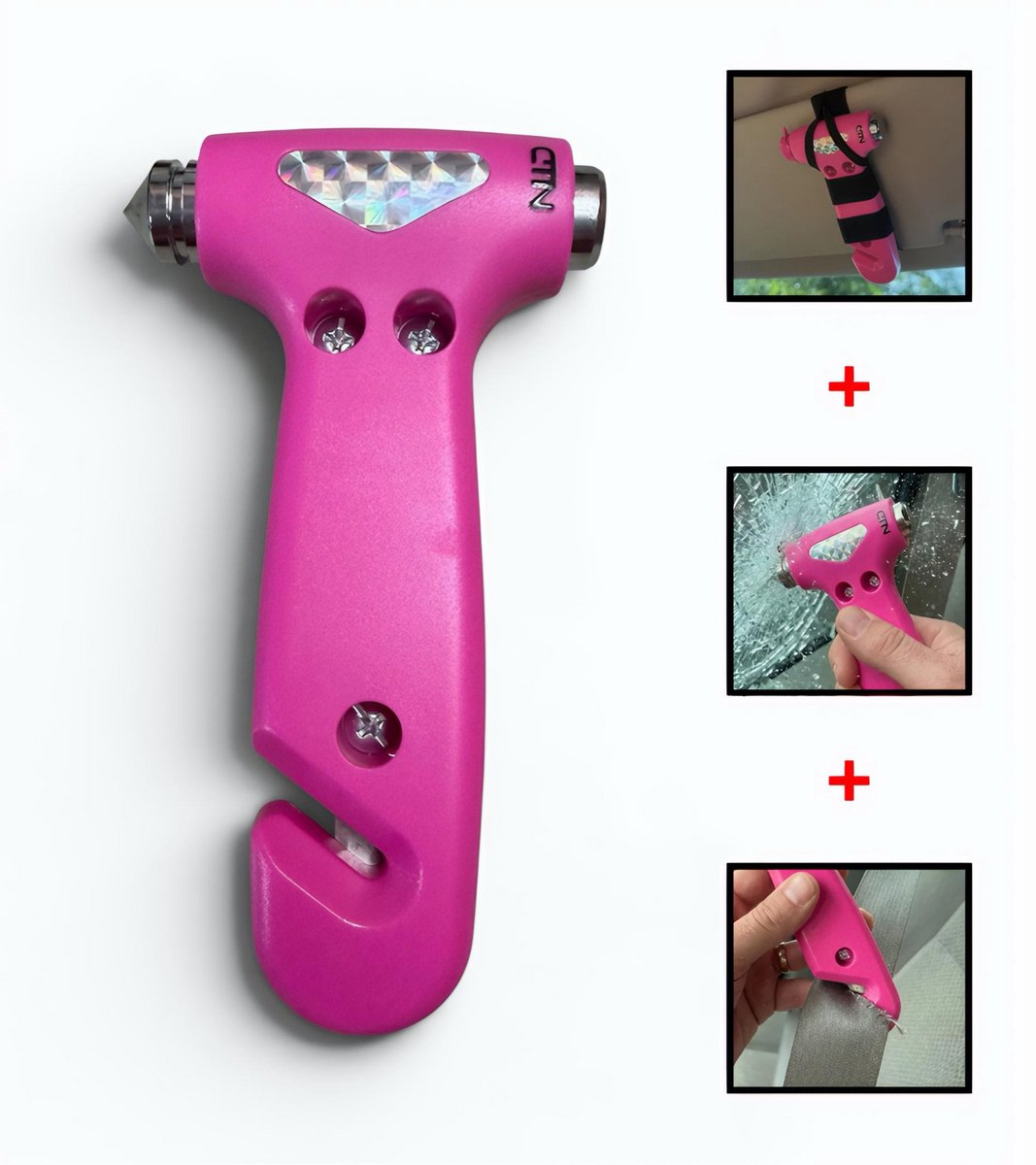 CTN Veiligheidshamer Auto - Noodhamer Auto - 3-in-1 met Gordelsnijder, Ruitenbreker en Bevestigingsriem - Roze