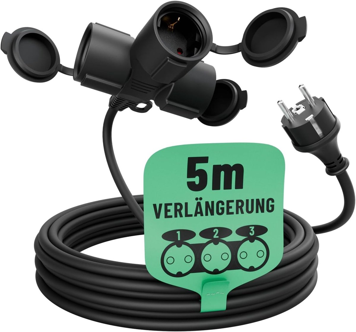 Verlengkabel Buiten - Rubber - Waterdicht IP44 - 3-Voudige Contactdoos - Voor Tuin en Camping