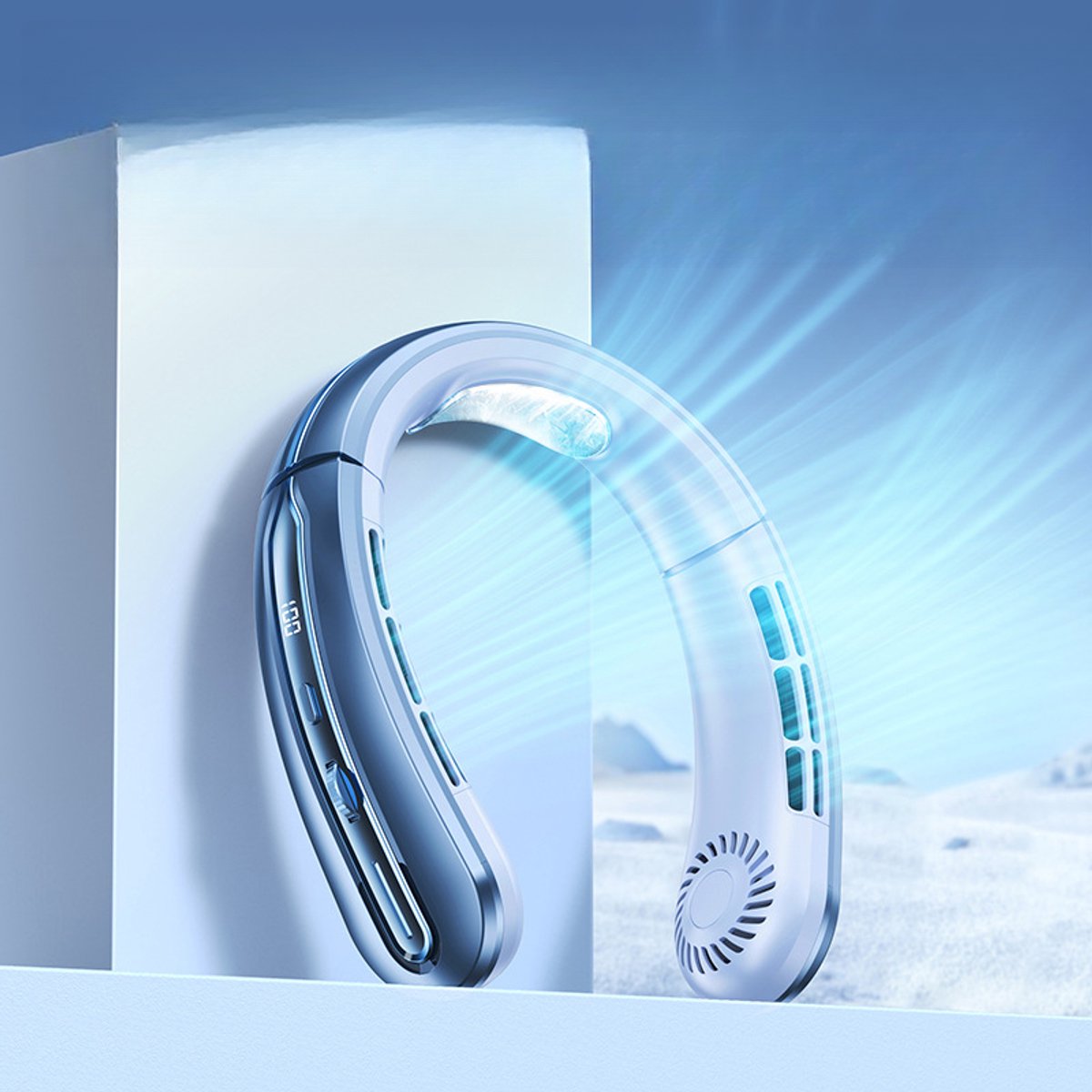 Koelventilator met 100 instelbare ventilatorsnelheden, stil ontwerp, geschikt voor reizen, sporten en andere gelegenheden. Verstelbare ventilatorsnelheid, draagbaar ontwerp. (Lichtblauw)