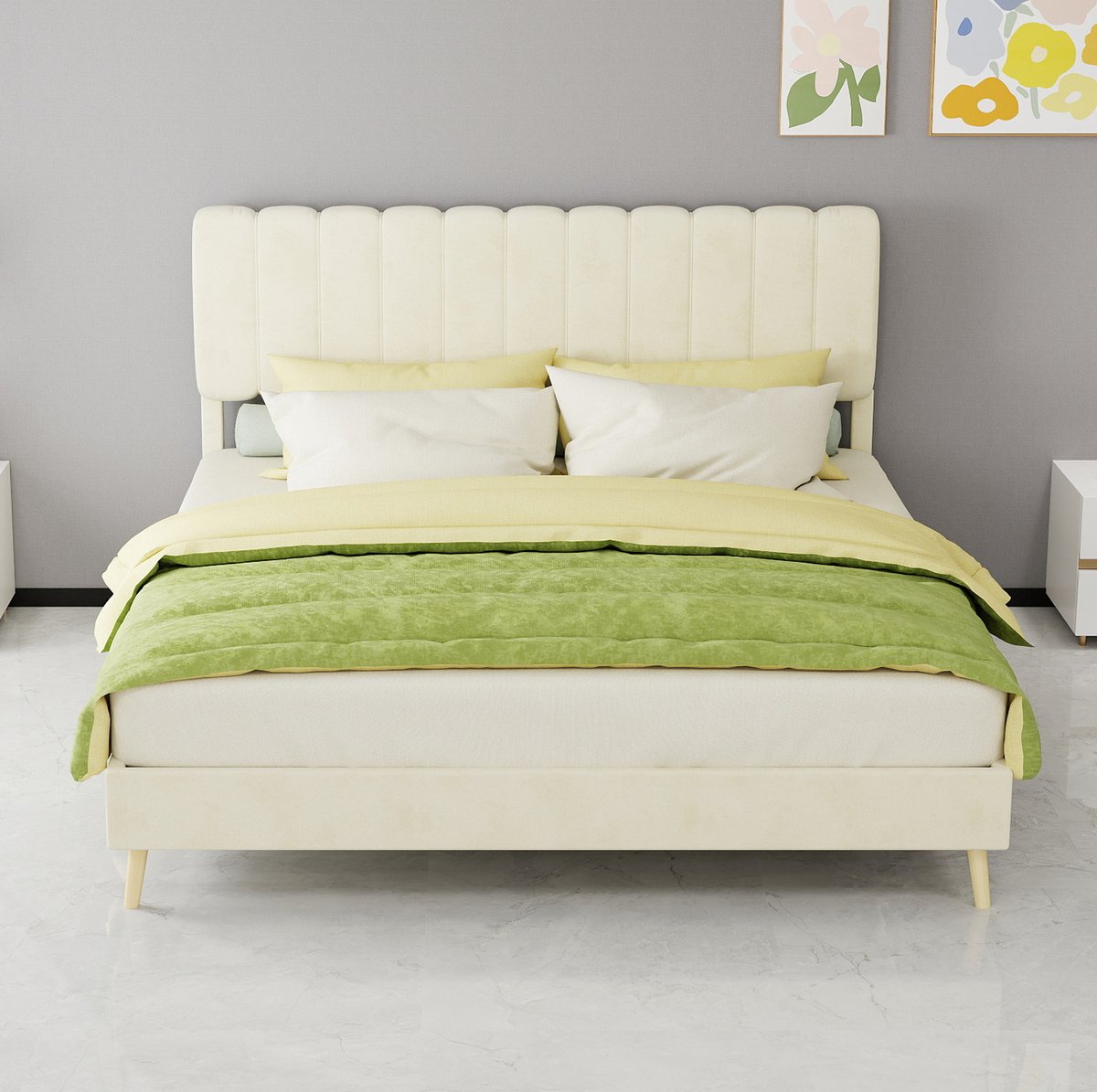 MEUNIQ Gestoffeerd bedframe 160 x 200 cm in beige met modern ontwerp, houten basis en eenvoudige montage voor de slaapkamer