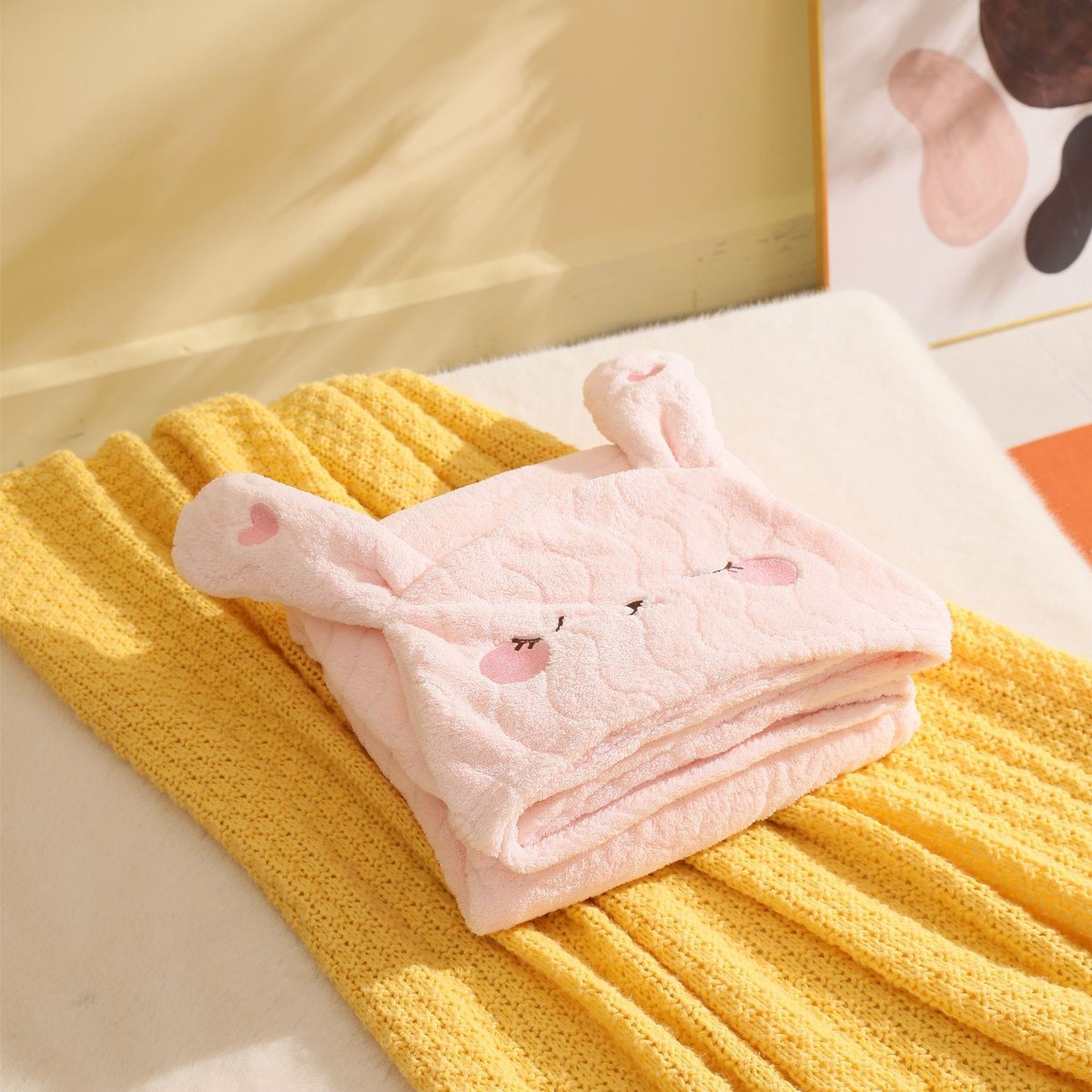 Babybadjas met capuchon, 2-delige set, superabsorberende babybadhanddoek, hoogwaardig koraalfleece, babybadhanddoek,Roze konijn - 70*140 cm