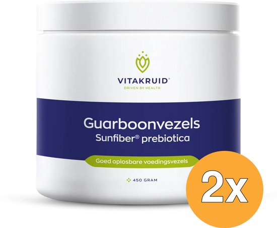Vitakruid Sunfiber Guarboonvezels Prebiotica 450 gram in witte pot met blauw label. "2x" in oranje cirkel.