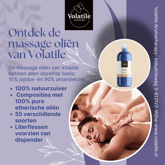 Collage van massages met een blauwe pompflessen 'Massageolie Neutraal' op de achtergrond.