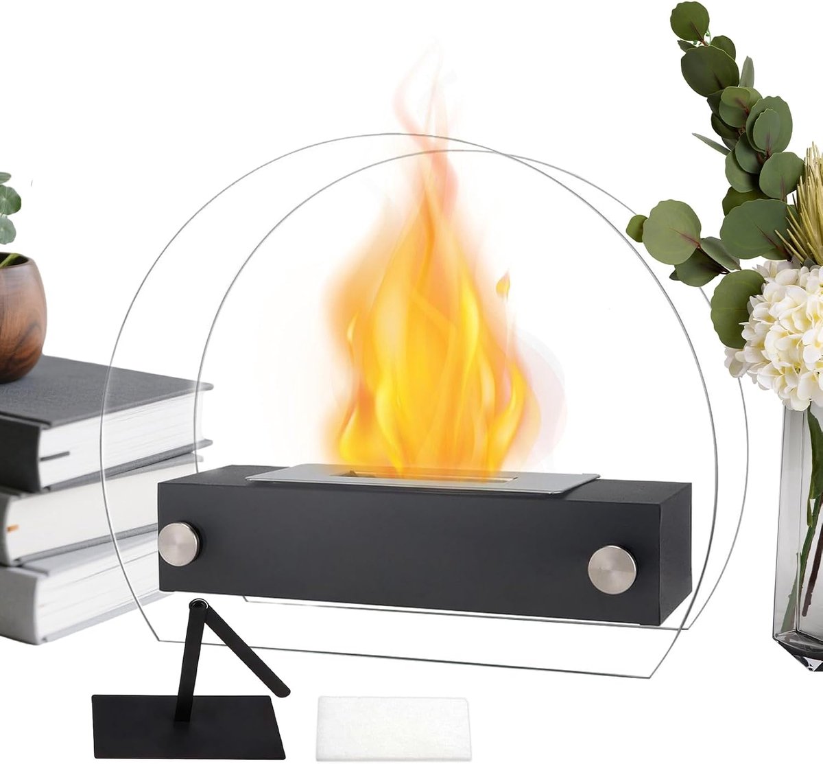 Tafelmodel Vuurplaats - Decoratieve Brander - Buiten Gebruik - 360 Graden Glas - 35 x 12 x 28 cm - Zwart