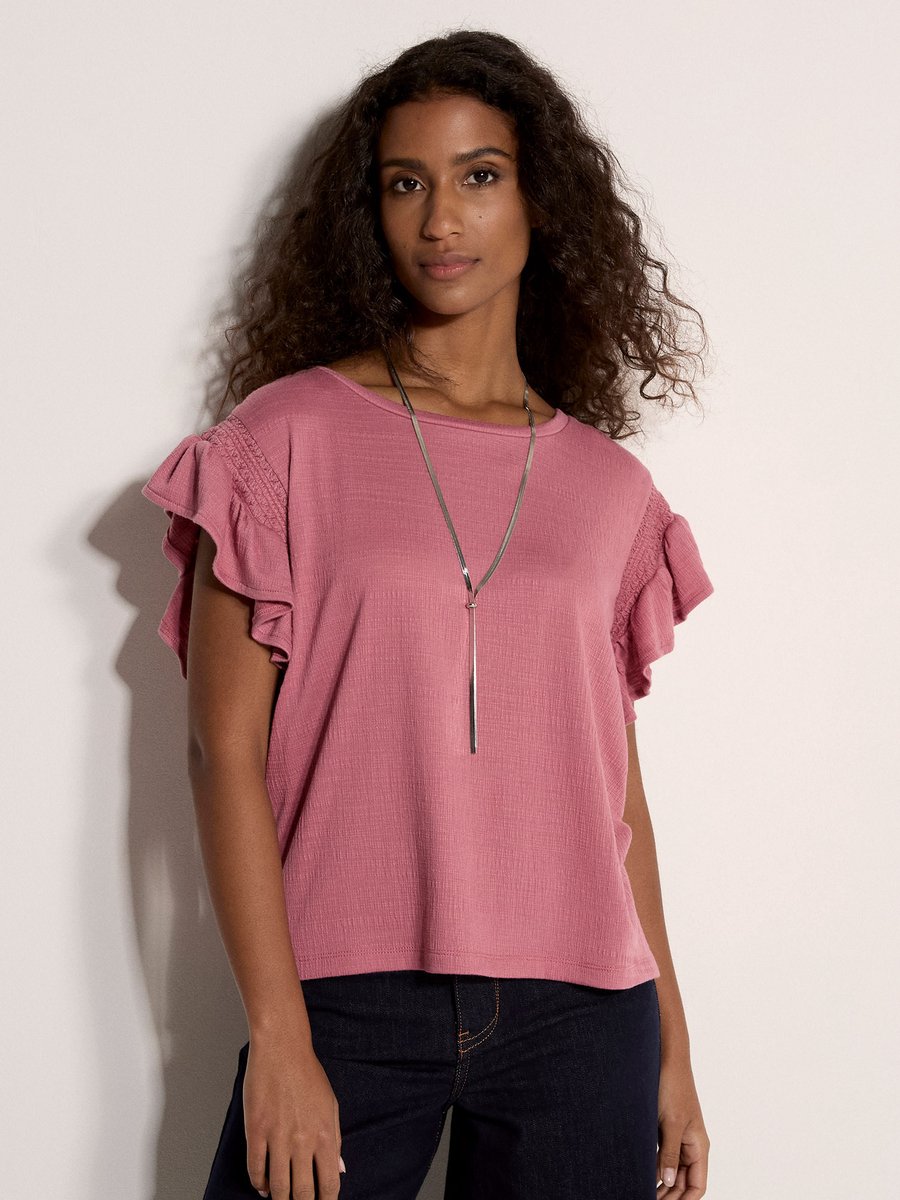 T-shirt met textuur en ruches aan de mouwen