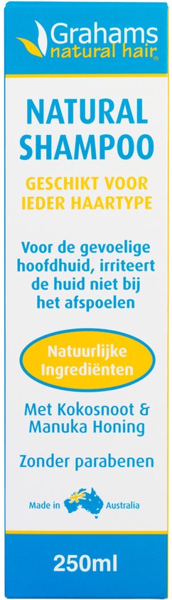 Grahams Natural Shampoo, 250ml, met kokosnoot & manuka honing, zonder parabenen.