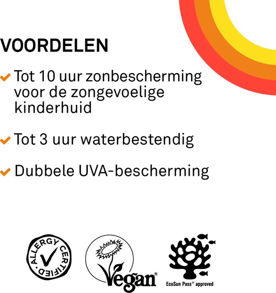 Voordelen: Tot 10 uur bescherming, tot 3 uur waterbestendig, dubbele UVA-bescherming. EcoSun Pass approved, Vegan, Allergy Certified.