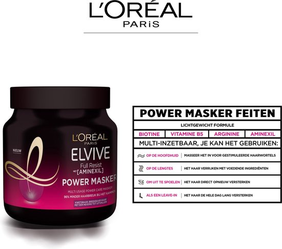 Pot met L'Oréal Elvive Power Masker. Paars met gouden logo. Tekst: "Nieuw", "Power Masker Feiten".