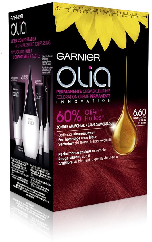 Doos Garnier Olia Intens Rood 6.60 permanente haarkleuring met 60% oliën, zonder ammoniak. Met een afbeelding van een rode haaruitloop.