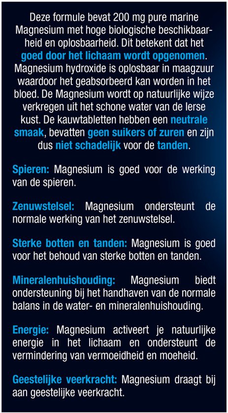 Uitleg over de voordelen van Lucovitaal Pure Marine Magnesium Kauwtabletten voor spieren, zenuwstelsel, botten, tanden, mineralenhuishouding, energie en geestelijke veerkracht.