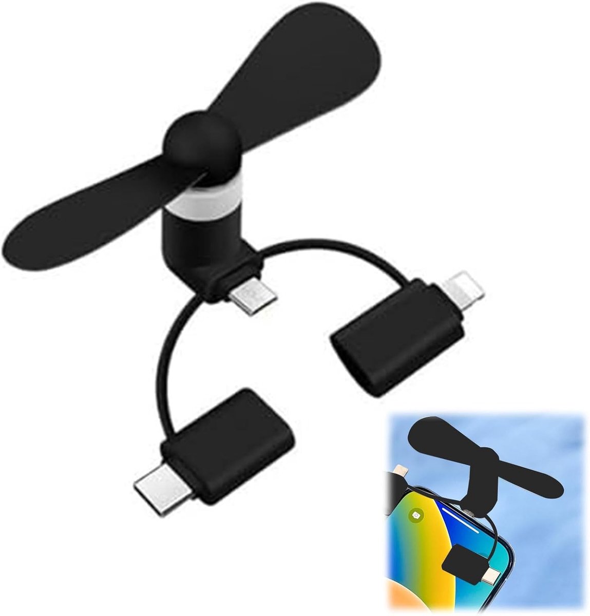 Mini USB Ventilator - Zwart - Draagbaar - 3-in-1 - Voor Smartphones