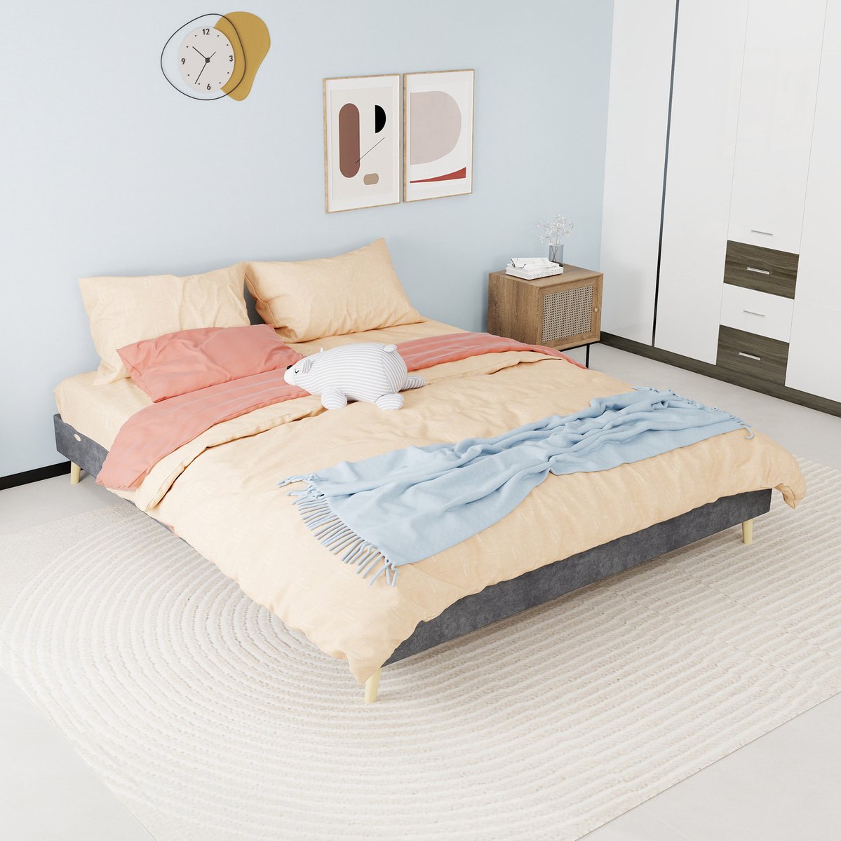 MEUNIQ bedframe 160x200 cm grijs, stoffen en metalen normaal bed met lattenbodem, laag model zonder hoofdbord en zonder matras voor de slaapkamer