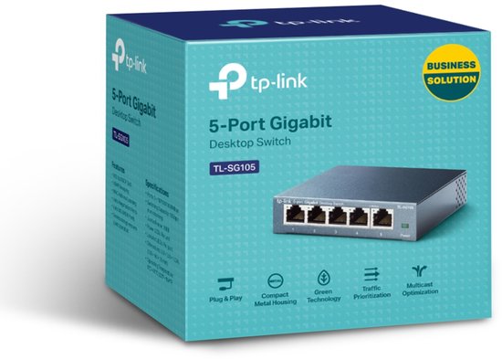 TP-Link TL-SG105 5-poorts Gigabit desktop switch in de verpakking, met "BUSINESS SOLUTION" label.