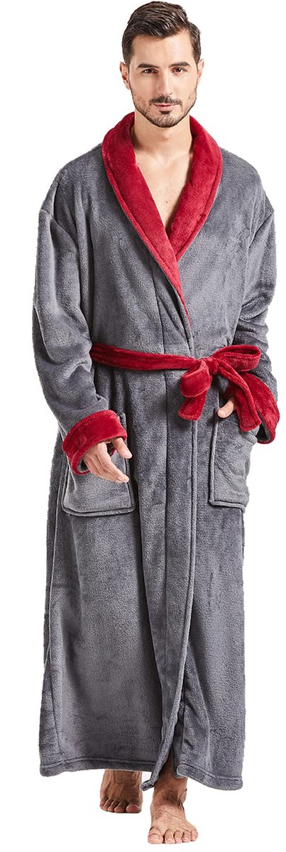 SnelShoppen - Heren Badjassen Groot en Lang - Plus Fluweel Fleece Lange Badjas voor Mannen - Warme Winter Badjas met Sjaal Kraag - Grijs/Rood - 3XL-4X