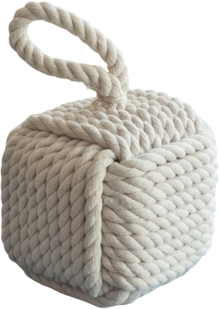 SnelShoppen - Decoratieve Deurstopper Wit Touw 16 x 16 x 25 cm Kubusvorm Nautische Stijl Robuust Voor Binnen en Buiten Elegante Stof met Handvat