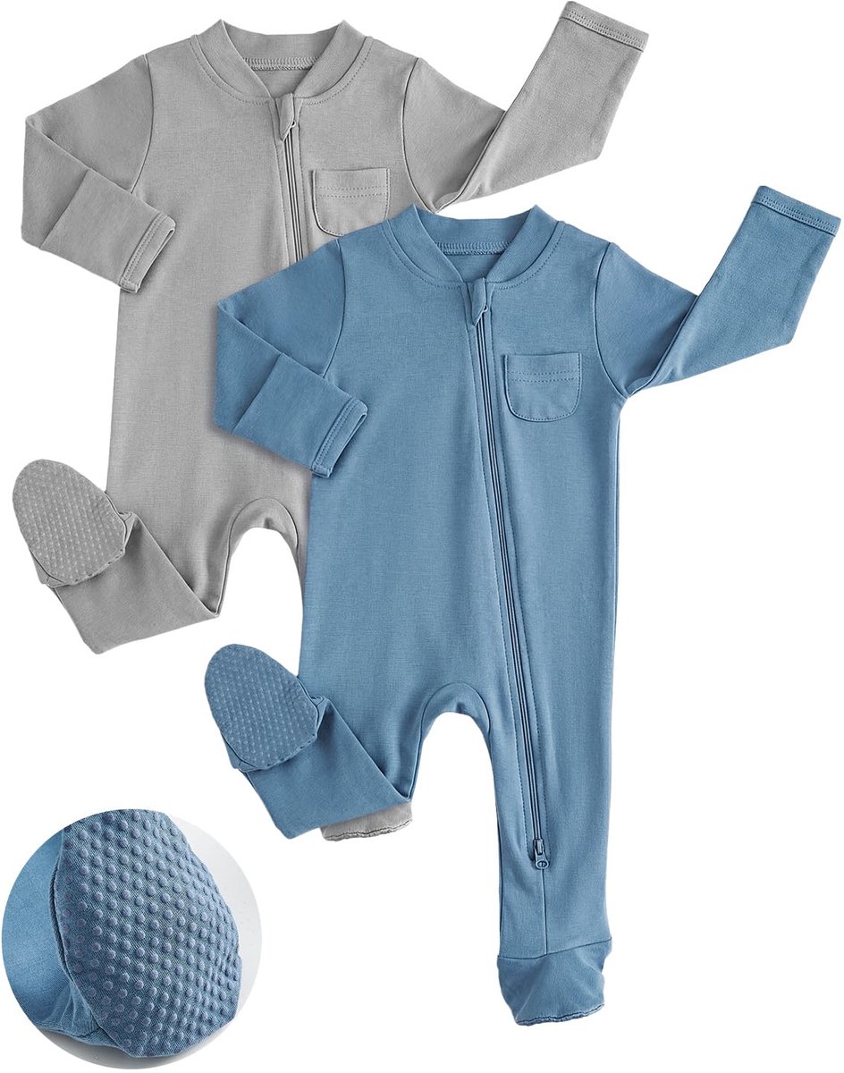 SnelShoppen - Katoenen Babypyjama 2-pack Lange Mouwen Pasgeborenen Rompers Baby Jongens Meisjes Kleding 0-12 Maanden Blauwgrijs 6-9 Maanden