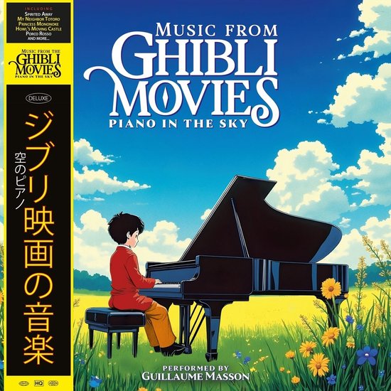 Albumhoes met illustratie van een jongen die piano speelt in een veld onder een blauwe lucht met wolken. Titel: Music from Ghibli Movies.