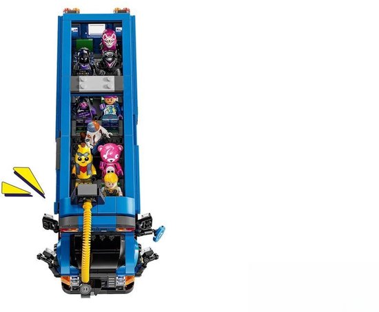 Vue de dessus du bus de combat LEGO bleu avec diverses figurines Fortnite dans la benne.