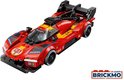 Voiture de course LEGO Ferrari 499P rouge avec bandes jaunes, grand aileron et numéro 51.