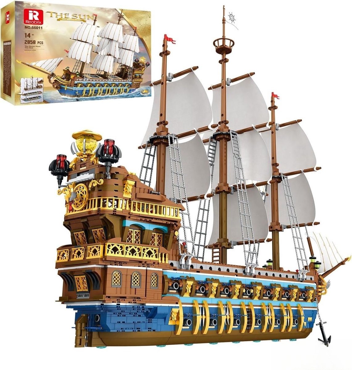 Reobrix 66011 Royal Fleet Mega XL Ship of the Pirates bouwset | Black Pearl destroyer | Caribbean Adventure Modelbouw | Creator piratenschip speelgoed boot bouwpakketten voor volwassenen | DIY piraten boot geschikt voor Lego | Bouwdoos 2831 bloks