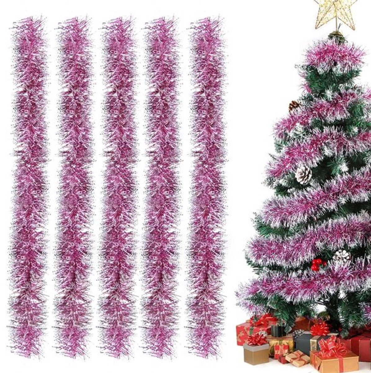 Kerstslinger glanzend - Roze - 5 Stuks - Kerstdecoratie - Lamettaslinger - Veiligheidswaarschuwing: ontvlambaar - Kerstversiering