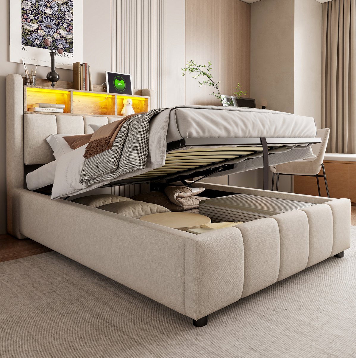 COVREO Bedframe 90x200 cm beige, LED, USB, opbergruimte, zonder matras