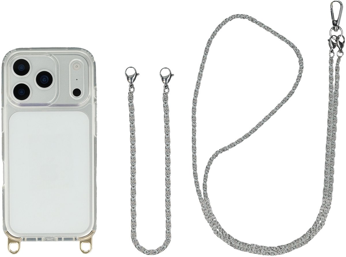 Selencia Transparant Hoesje met Haakjes inclusief Telefoonketting - Geschikt voor Apple iPhone 17 Pro Max - Zilver