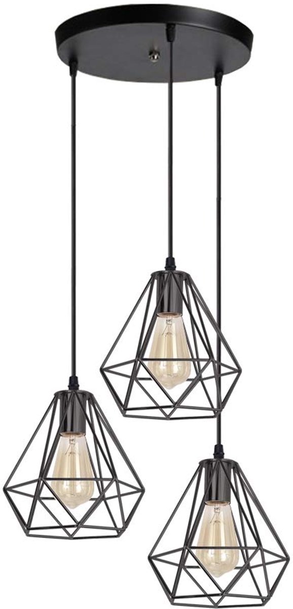 SnelShoppen - Industriële Kroonluchter Hanglamp met 3 Lampen, Retro Kooi Lampenkap Ontwerp, E27 Metalen Plafondlamp, Zwart, Diameter 20 cm voor Woonka