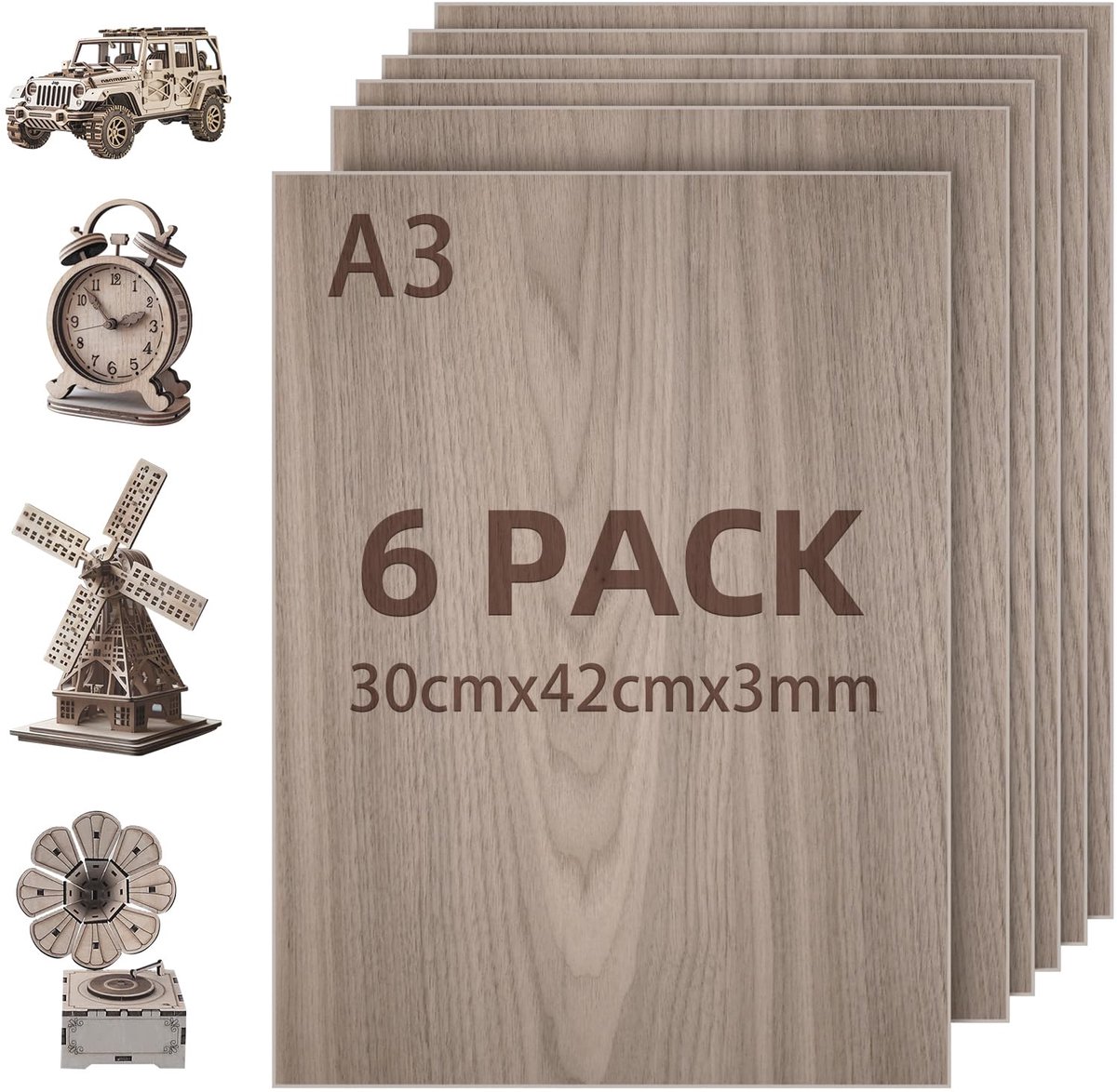 SnelShoppen - Multiplexplaten 3 mm Walnootplank 6 Stuks 30 x 42 cm Lasergesneden Hout A3 Lindemultiplex voor Lasergravure CNC Snijden Schilderen DIY M