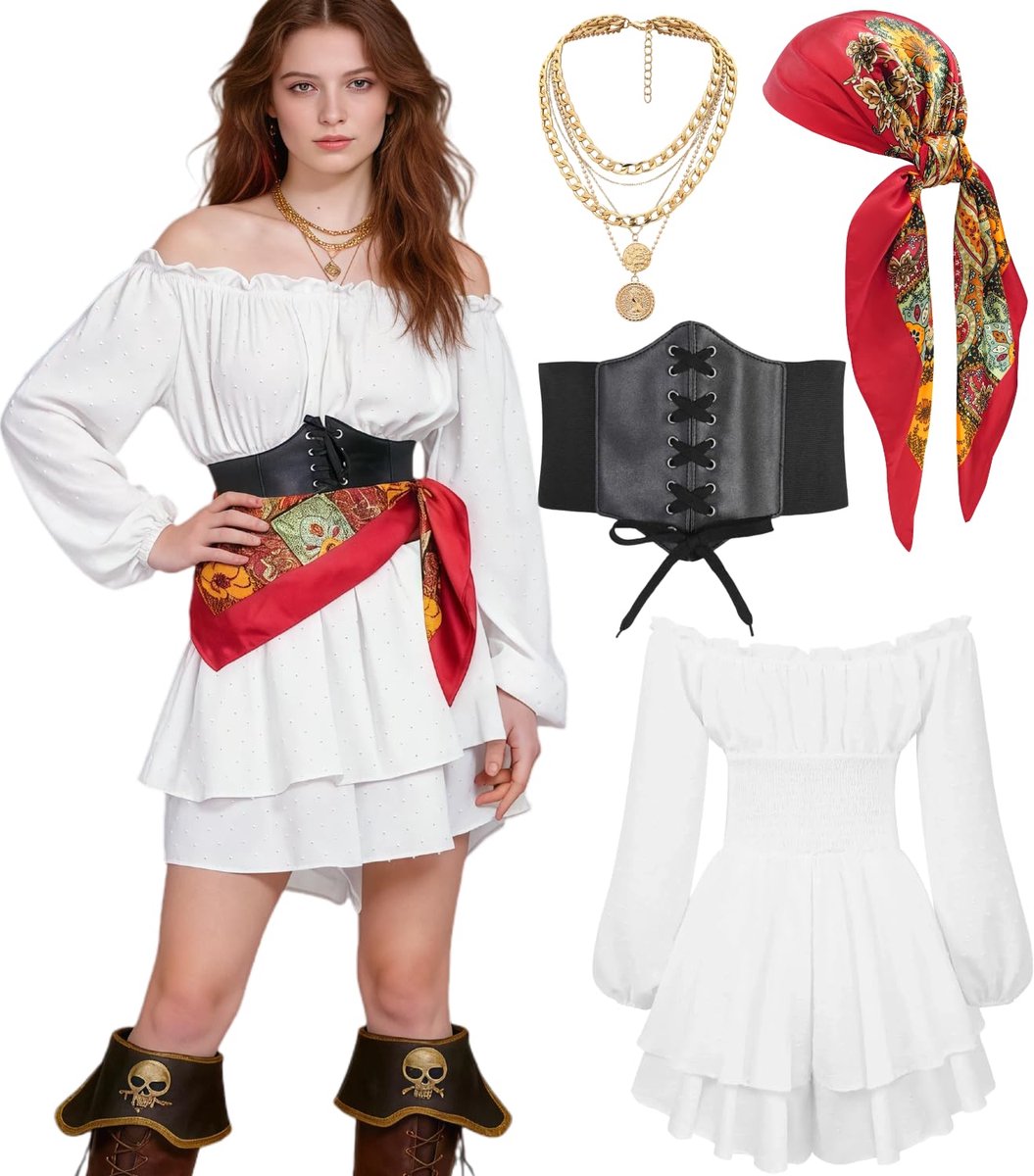 SnelShoppen - Dames Jumpsuit Piratenkostuum Sexy Off-Shoulder Outfit met Korset Hoofddoek voor Carnaval en Festivals - Witte Set M