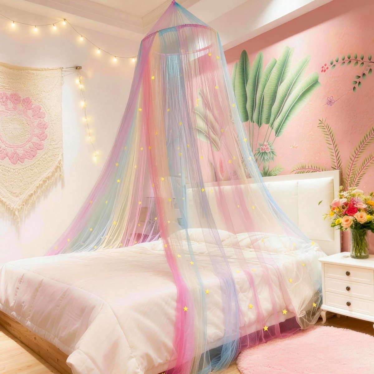 SnelShoppen - Princess Rainbow Bed Canopy met Sterren die in het Donker Glitteren, Bedgordijn voor Meisjes Kamer Decoratie of Eenhoorn Thema Feest