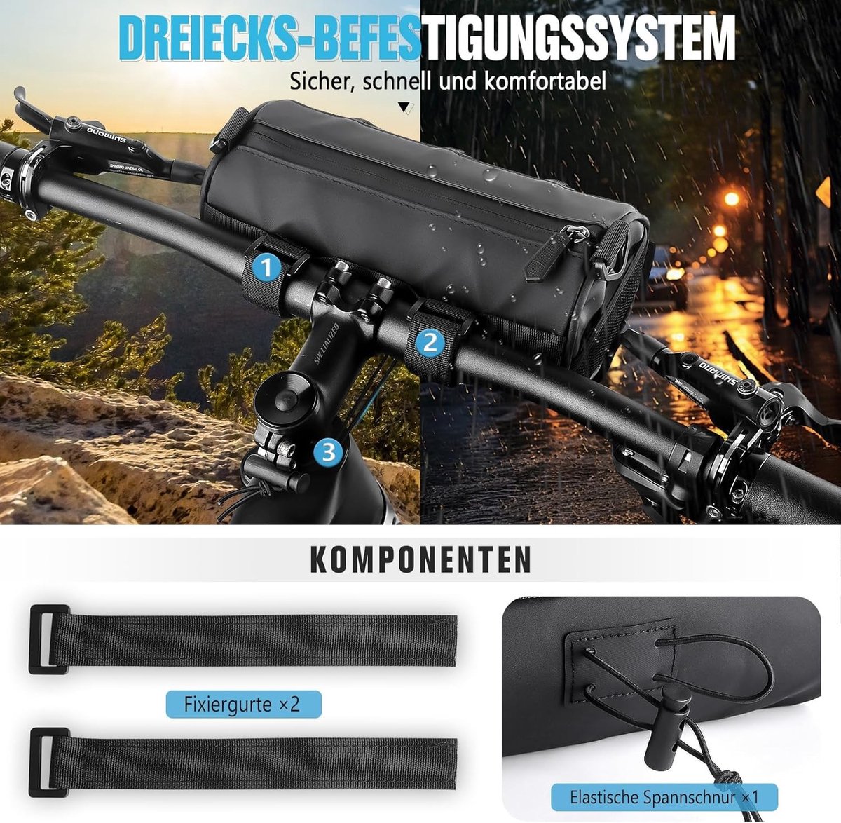 Waterdichte Fiets Stuurtas 2,4 L – 100% Waterdicht – 3-in-1 Gebruik – 4 Montagepunten – Voor MTB en Wegfiets – 2,4 L – 1 Stuk – Zwart