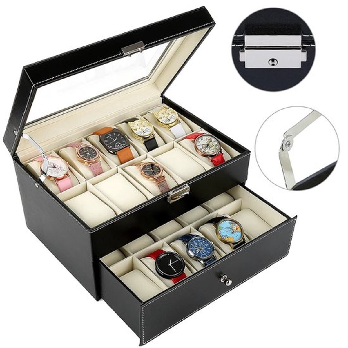 Horlogedoos Horlogekast 20-raster Horlogeorganisator PU lederen sieradenvitrine met fluwelen voering Sieraden