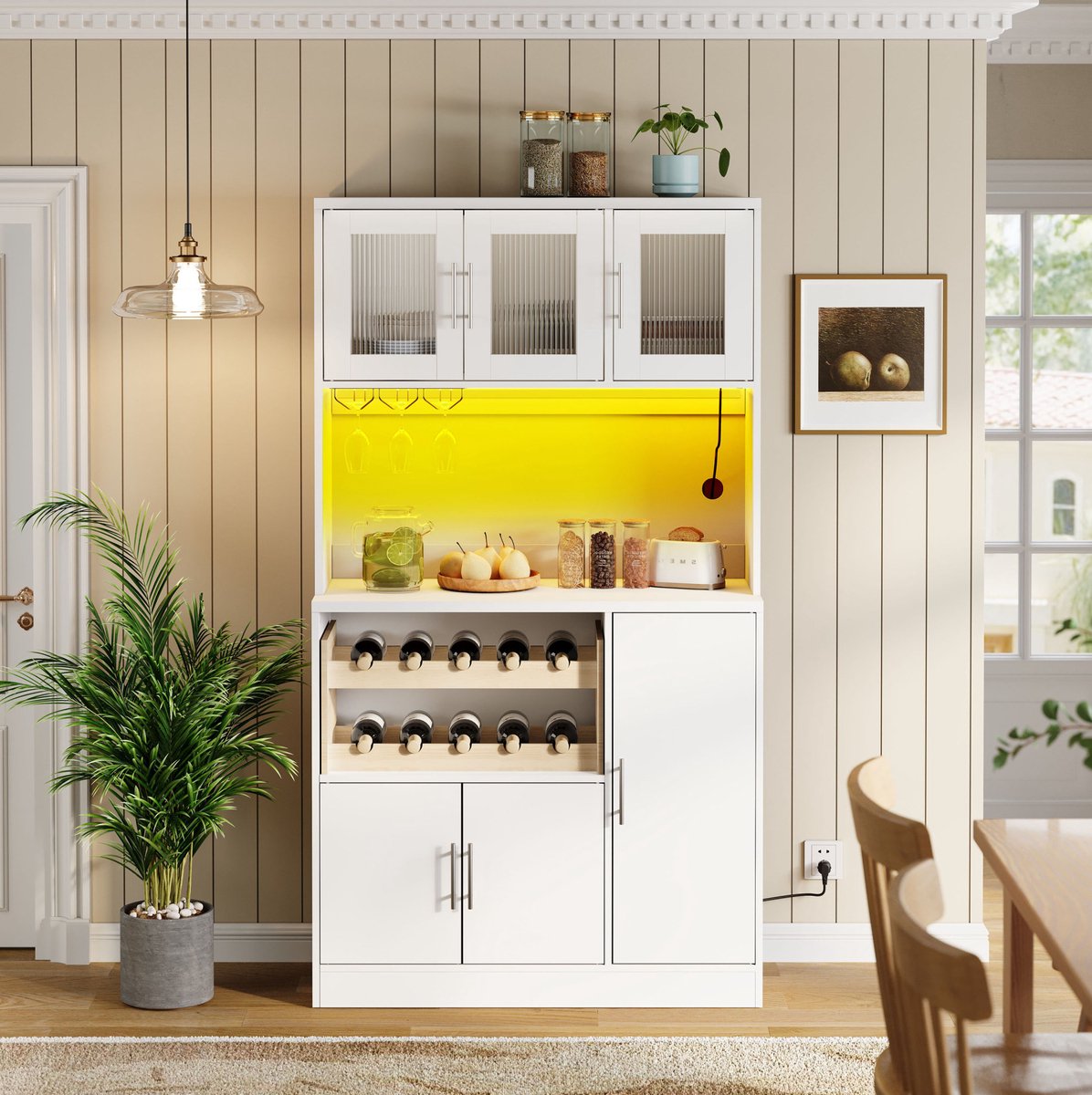 DESMIU Keukenkast - Voorraadkast Met RGB Led, Stopcontact En Wijnrek - Voor Keuken En Eetkamer - MDF - 100x40x180 Cm - Wit