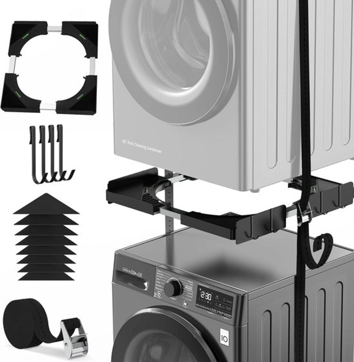 SnelShoppen - Ultra-dunne universele stapelset voor wasmachine en droger, diepteverstelling 45-68 cm, TÜV-goedgekeurd, zwart, ruimtebesparend, lage tr