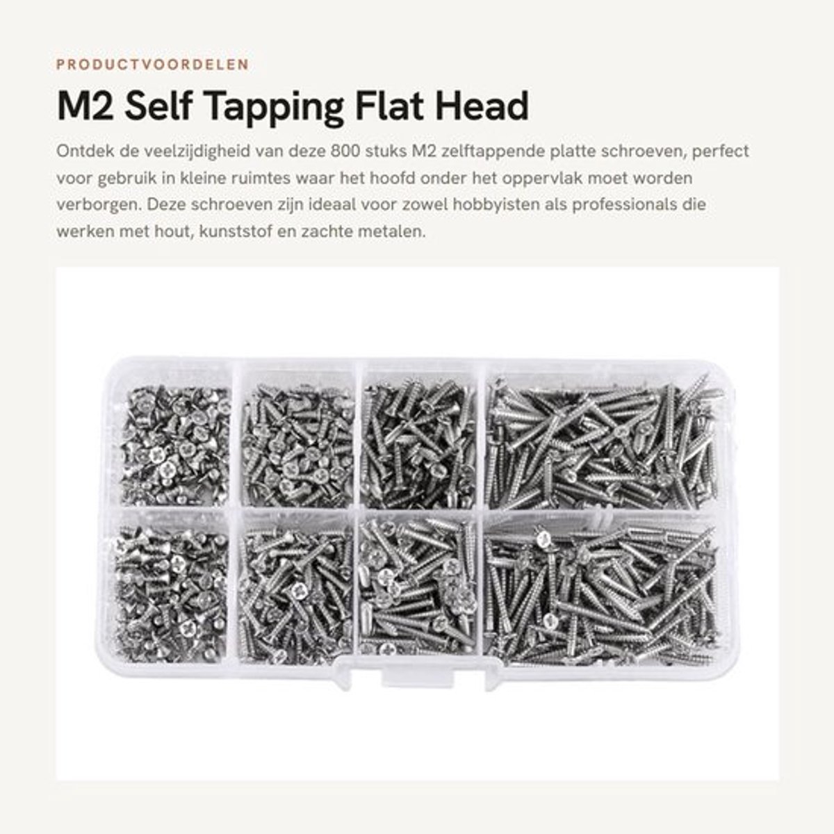 Zelftappende Schroeven 800 Stuks - Platte Kopschroeven - Kruiskop - Voor Hout - Diverse Maten M2 × 4-20 mm - Ideaal voor Kleine Ruimtes