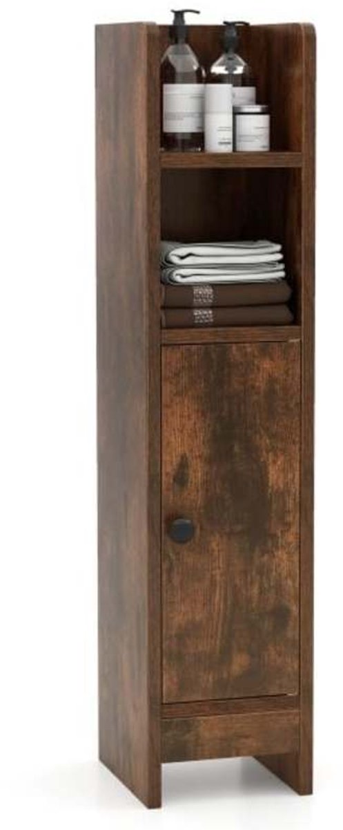 M-Goods Badkamerkast Smal Hoog - Staande Badkamerkast - Badkamermeubel met Open Planken en Gesloten Kast - Vintage Houtlook - 20x18x80cm