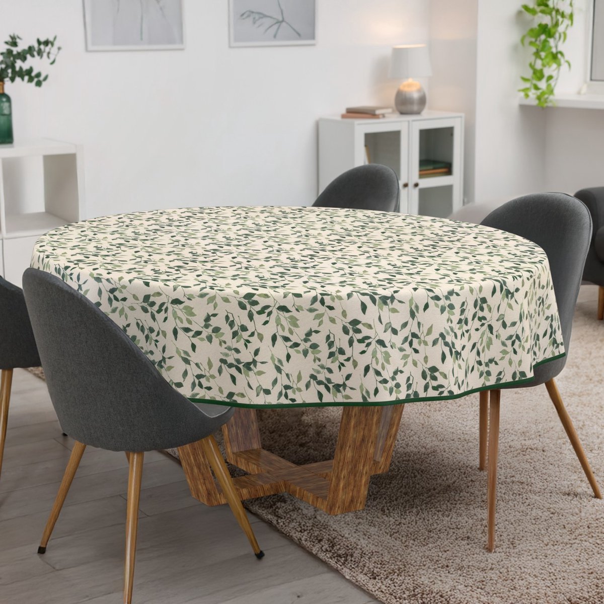 ANRO Tafelkleed Ranken Groen Rond Ø140cm Met sierband Afwasbaar Waterafstotend Binnen & Buiten