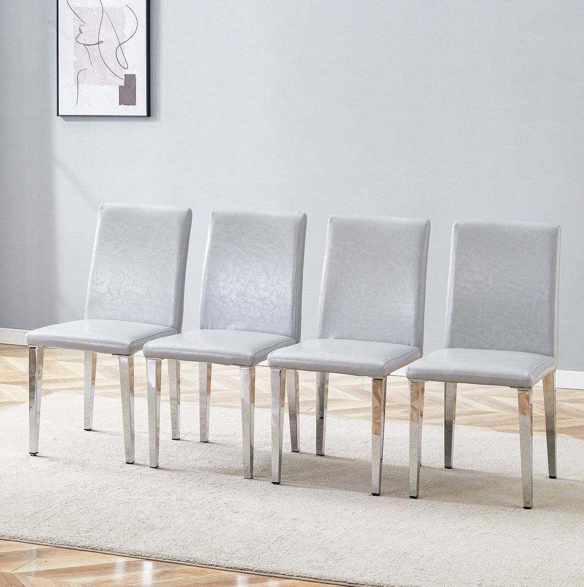 MEUNIQ Set van 4 moderne eetkamerstoelen in lichtgrijs kunstleer met zilverkleurige metalen rechte vierpoot, voor eetkamer en woonkamer Light Gray