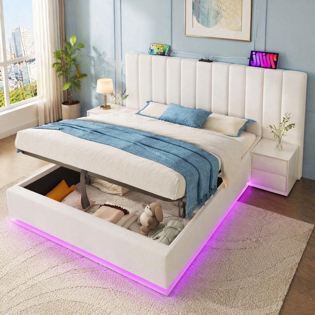 COVREO Bedframe 160x200 cm wit PU met LED, USB-C en opbergruimte zonder matras