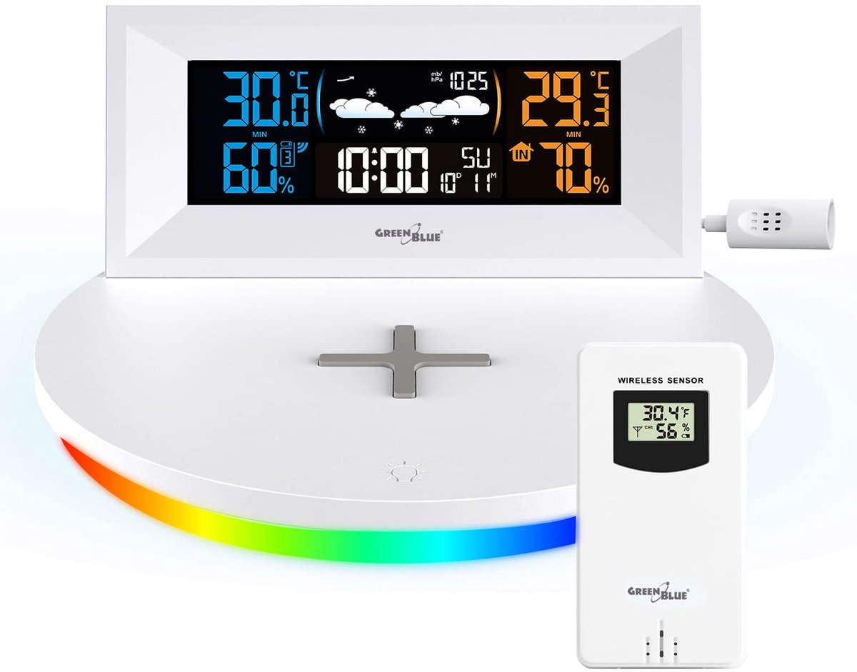 SnelShoppen - Draadloos Weerstation met Qi-oplader - Externe Sensor Binnen- en Buitenthermometer - Mood Light Base - Wit voor Thuis, Tuin en Camping