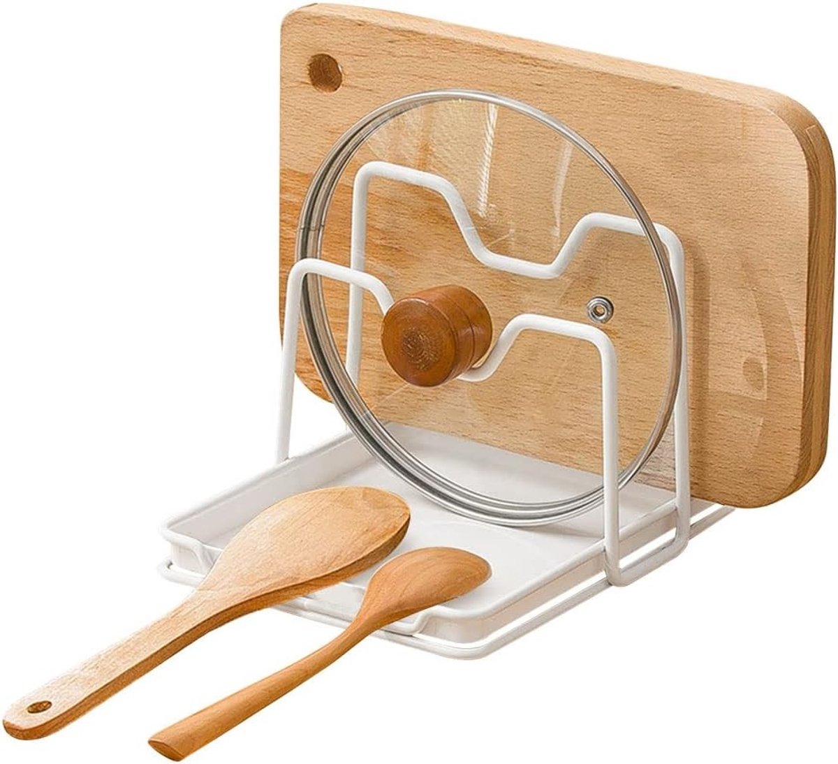 2-laagse Potdeksel Organizer met Multifunctionele Houder voor Lepels en Snijplanken, Inclusief Drupbak voor Keukenaccessoires