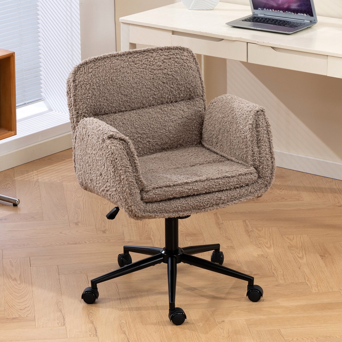 REDOM- Bureaustoel - Draaibaar - In hoogte verstelbaar - Opklapbare armleuningen - Teddy fleece - Homeoffice - Metaal - Bruin - 60 x 30 x 53 cm