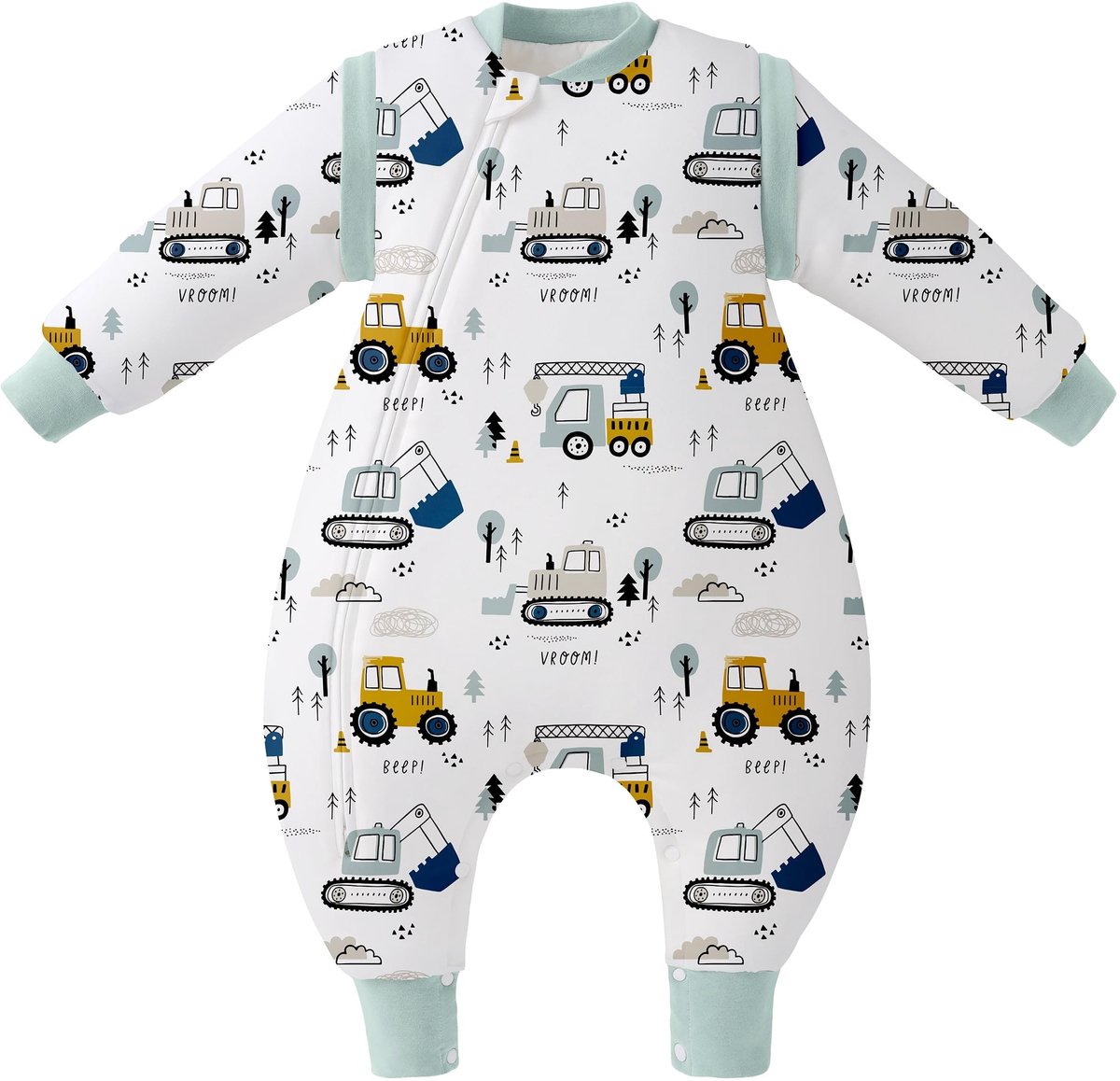 SnelShoppen - Slaapzak voor baby's, winter met voeten, 2,5 TOG, afneembare mouwen, katoenen babyslaapzak, warm en zacht, 70 cm, groene graafmachine, v