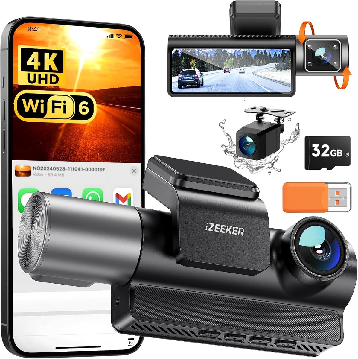 SnelShoppen - 4K Dashcam Front, 2160p Auto Camera met Gratis 32GB Kaart, Nachtzicht, G-sensor Auto Lock, Parkeermodus, WDR 400 - Perfect voor Veilig R
