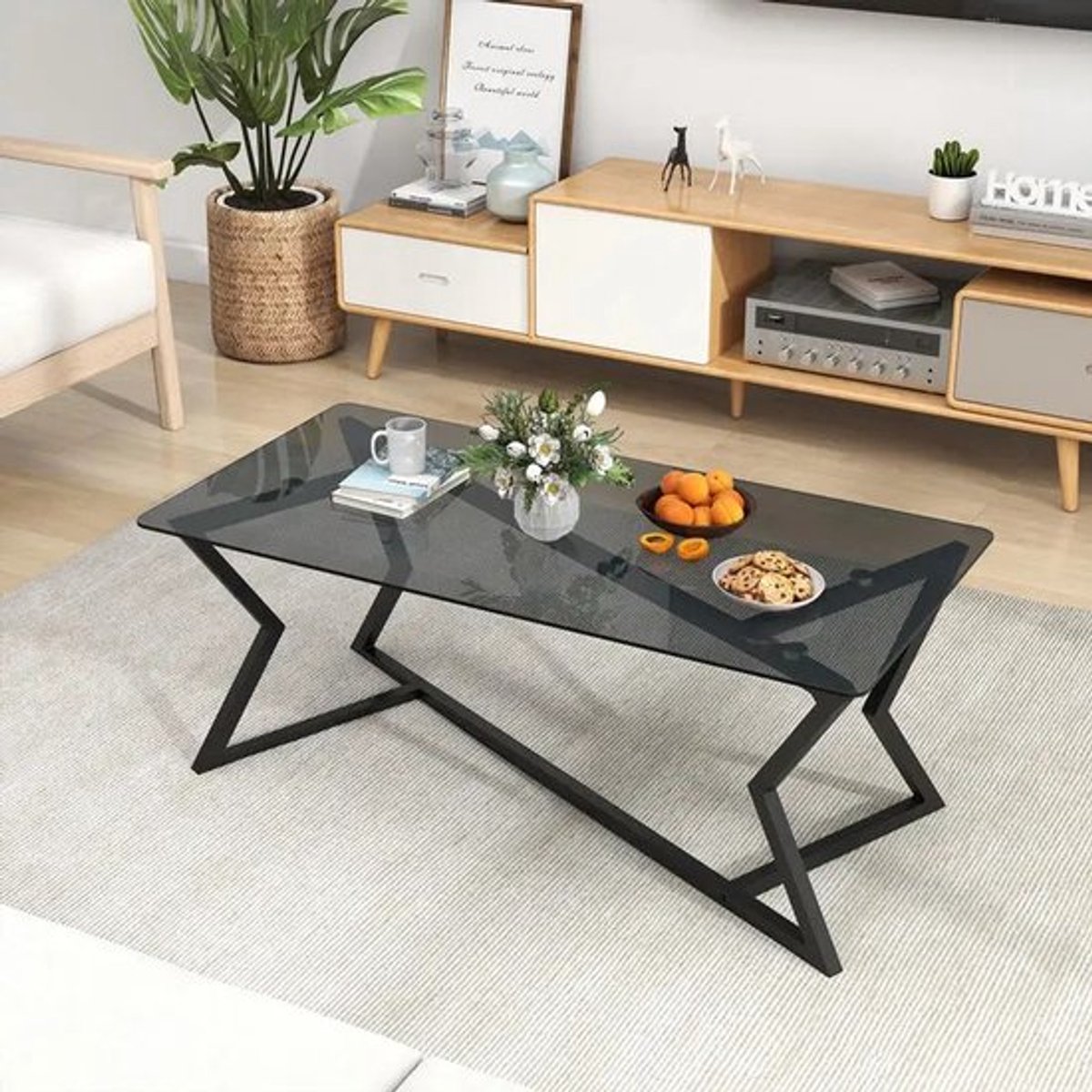 Rechthoekige salontafel van gehard glas met metalen frame, moderne tafel voor woonkamer, kantoor en kleine ru